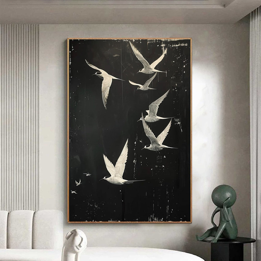 NIGHT FLIGHT: Monochromatic Night Sky Birds Textured Oil Painting
