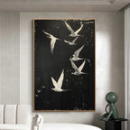 NIGHT FLIGHT: Monochromatic Night Sky Birds Textured Oil Painting