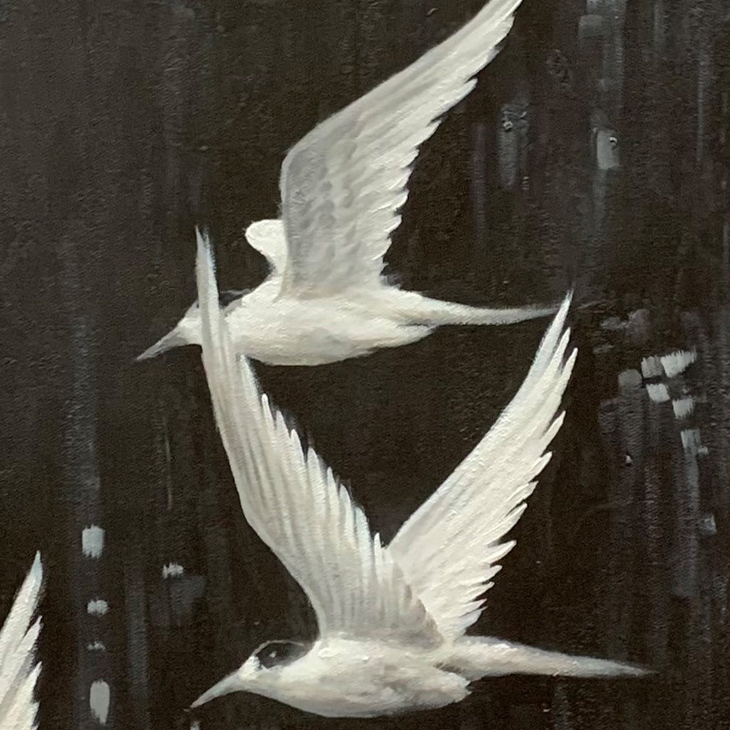 NIGHT FLIGHT: Monochromatic Night Sky Birds Textured Oil Painting