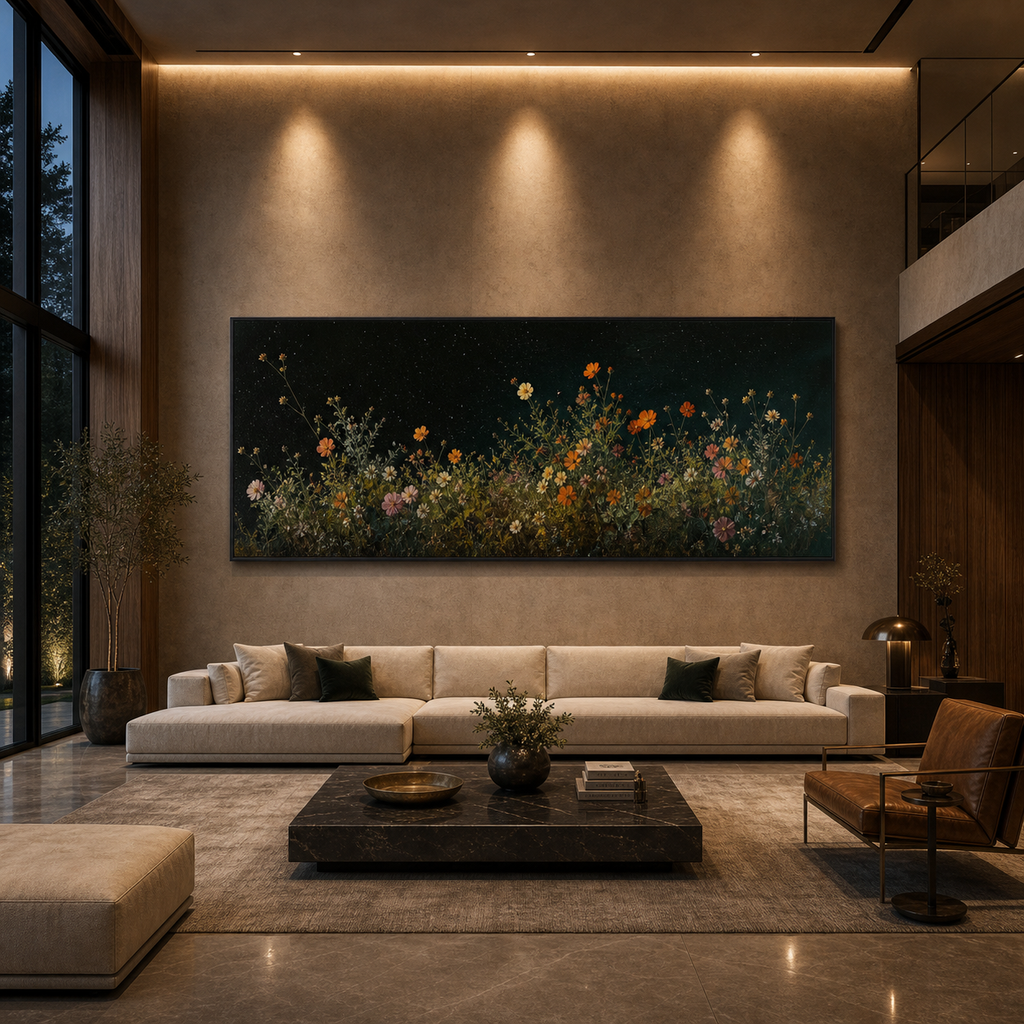 NIGHT GARDEN: Wildflowers Mystical Evening Meadow Panoramic Canvas