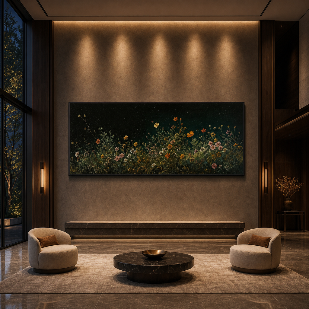 NIGHT GARDEN: Wildflowers Mystical Evening Meadow Panoramic Canvas