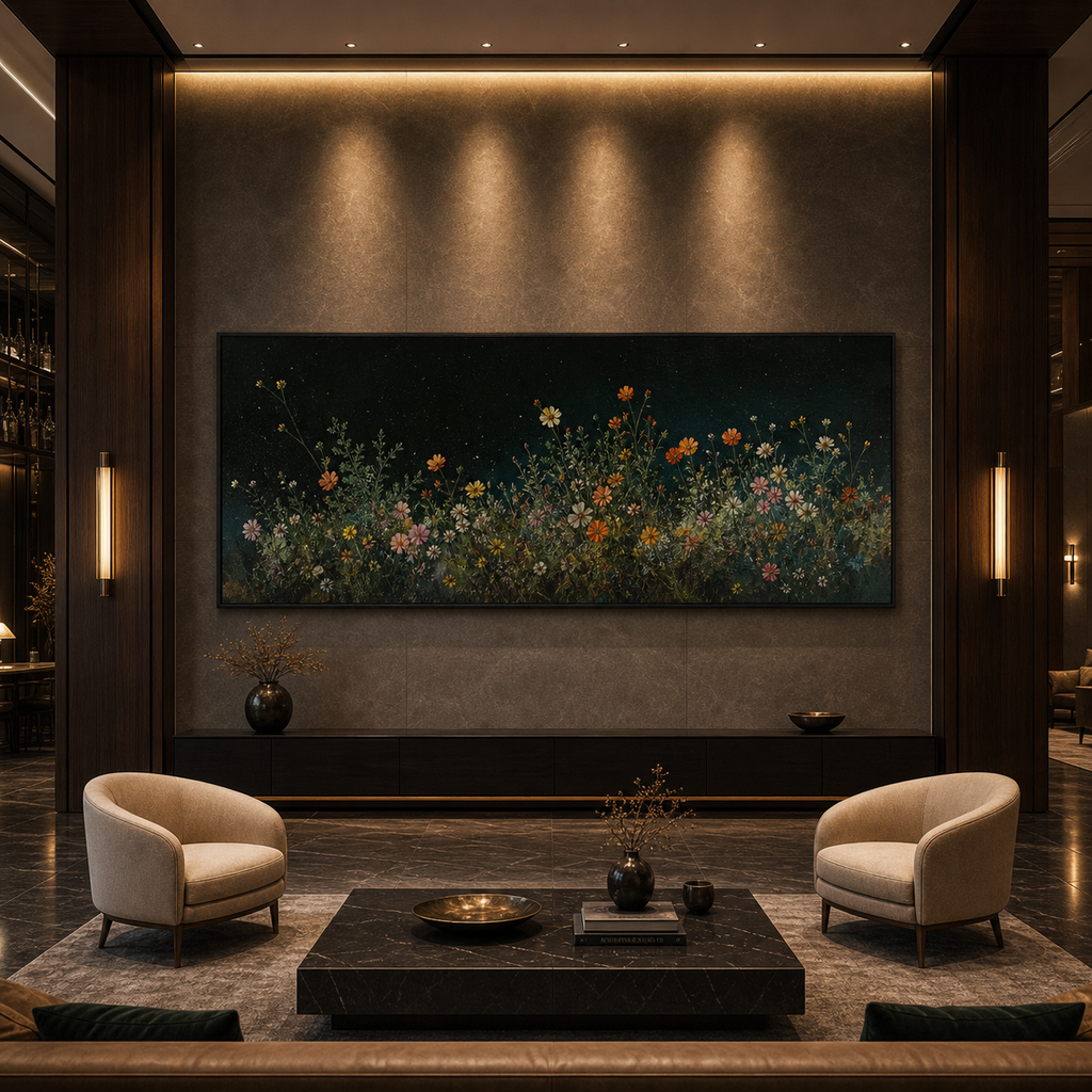 NIGHT GARDEN: Wildflowers Mystical Evening Meadow Panoramic Canvas