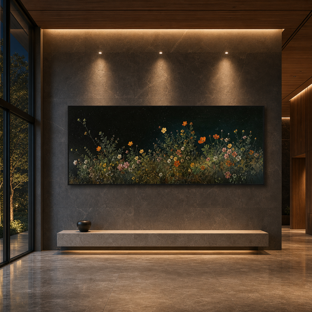 NIGHT GARDEN: Wildflowers Mystical Evening Meadow Panoramic Canvas