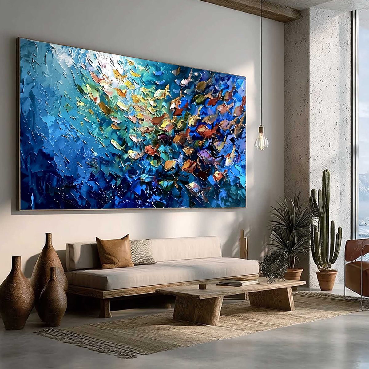 OCEANIC CONVERGENCE: Textured Impasto Painting of a Vibrant School of Fish