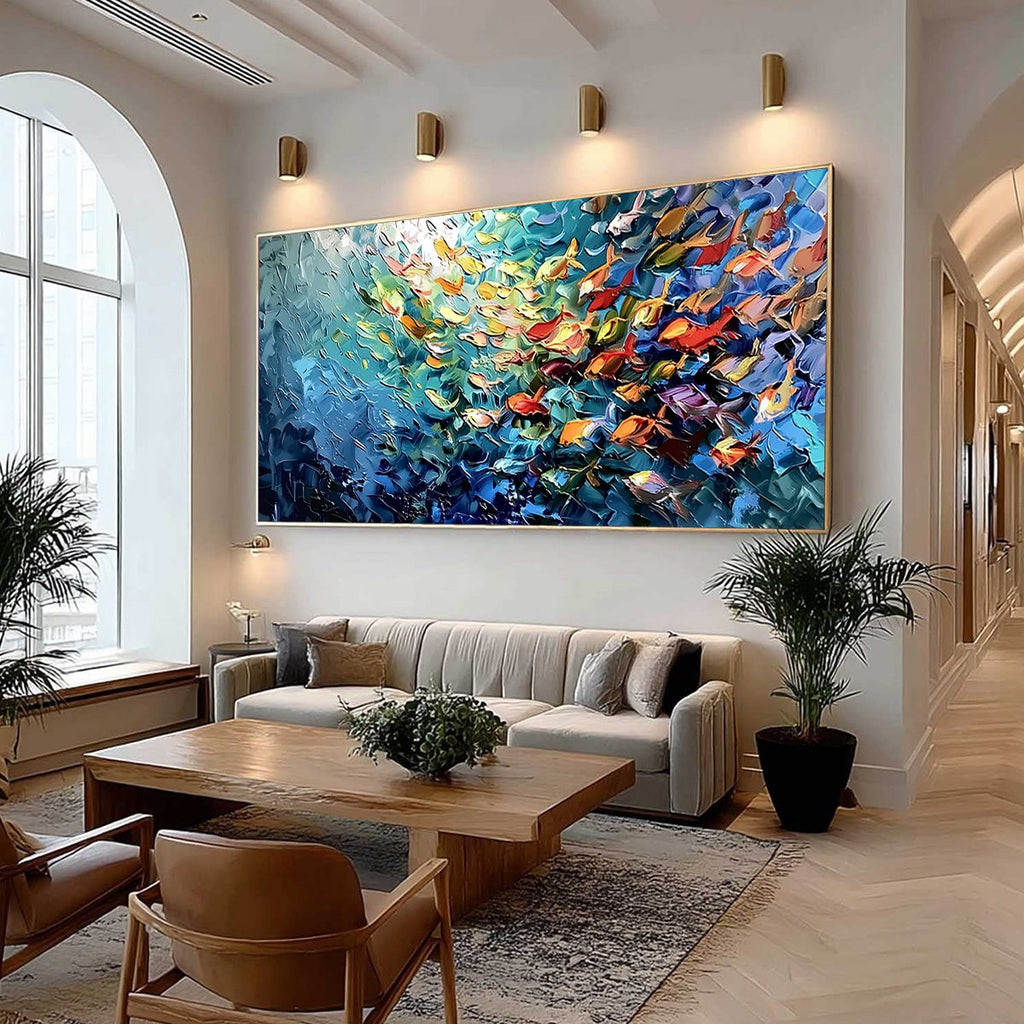 OCEANIC RUSH: Textured Palette Knife Painting of a School of Fish