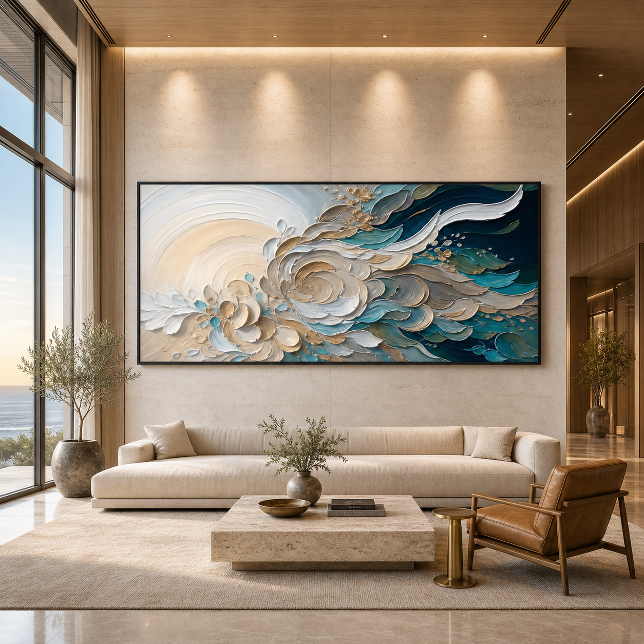 OCEANIC BLOOM: Blue Beige Gold Marine Textured Canvas