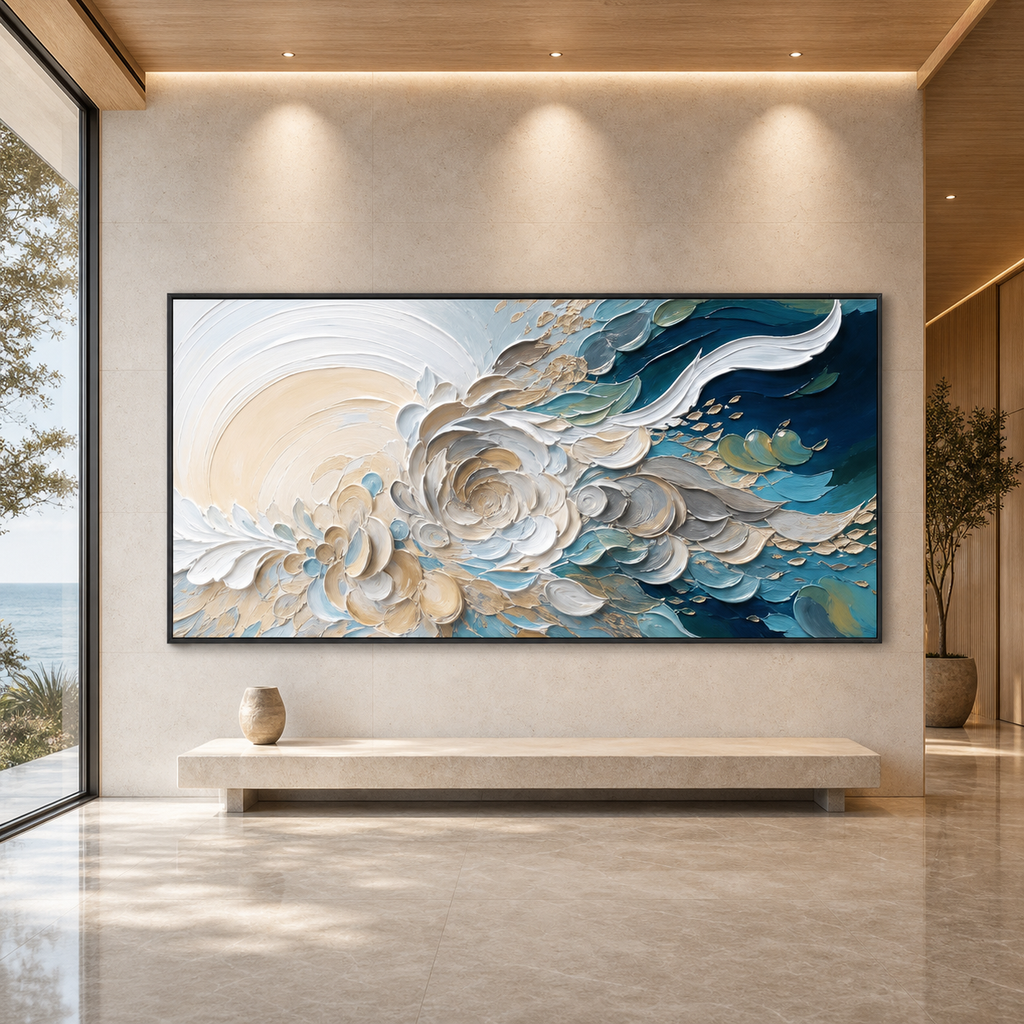 OCEANIC BLOOM: Blue Beige Gold Marine Textured Canvas