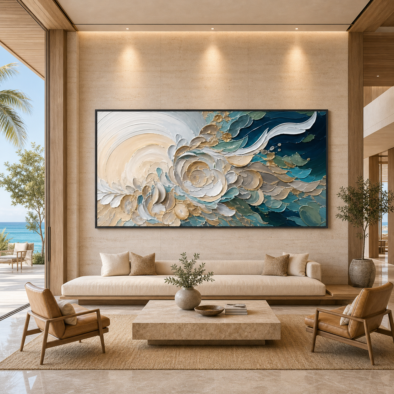 OCEANIC BLOOM: Blue Beige Gold Marine Textured Canvas