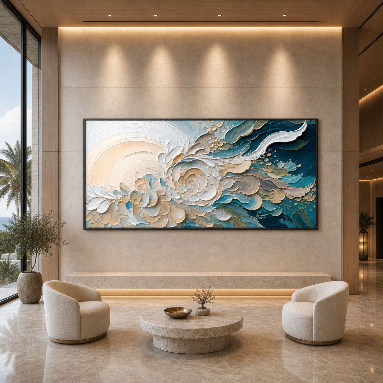 OCEANIC BLOOM: Blue Beige Gold Marine Textured Canvas