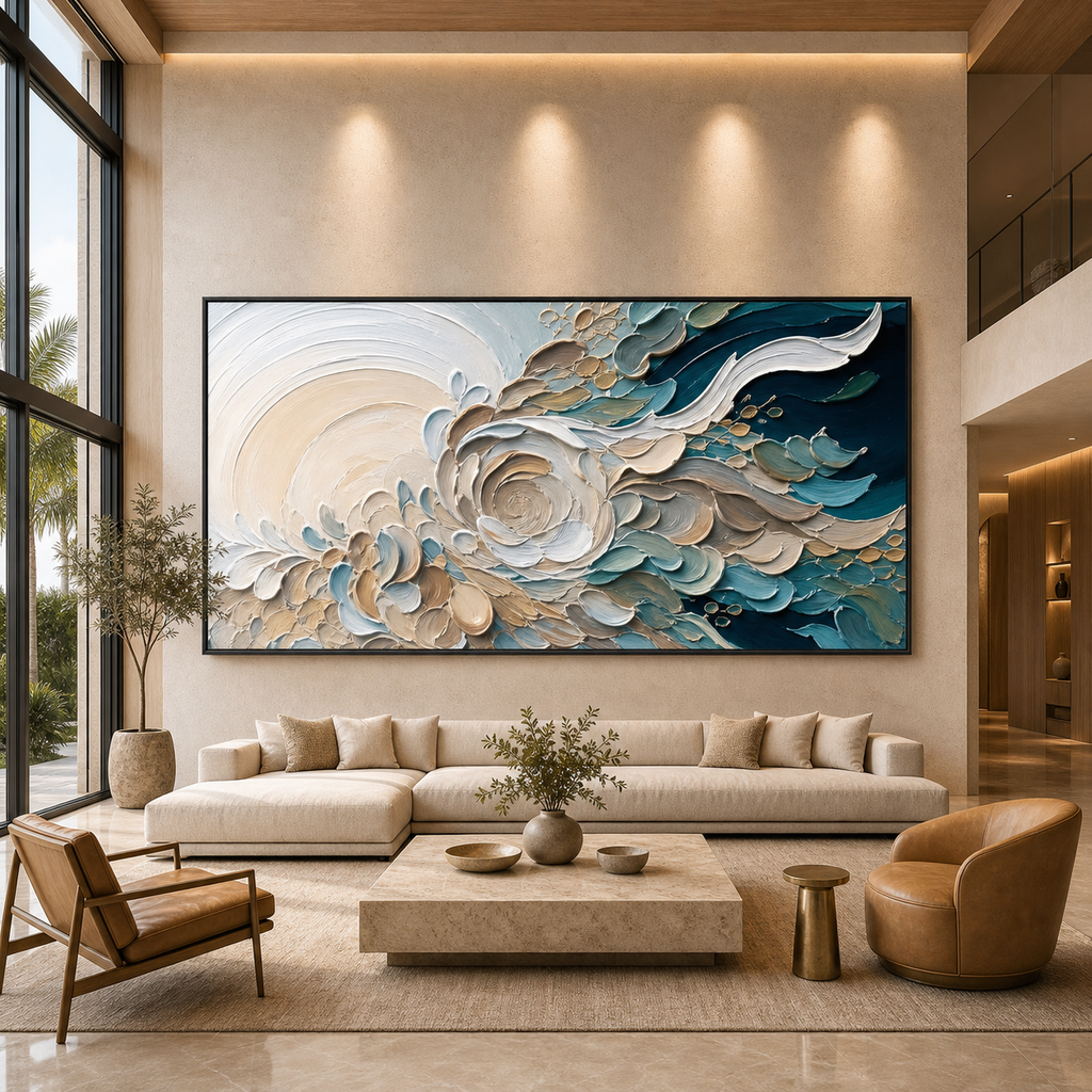 OCEANIC BLOOM: Blue Beige Gold Marine Textured Canvas