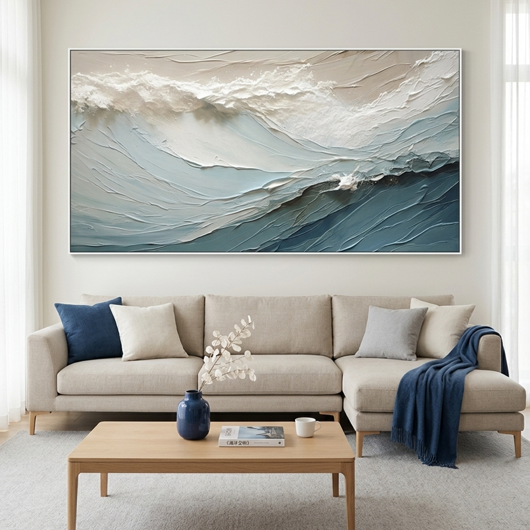 OCEANIC SYMPHONY: Textured Blue White Beige Abstract Wave Canvas
