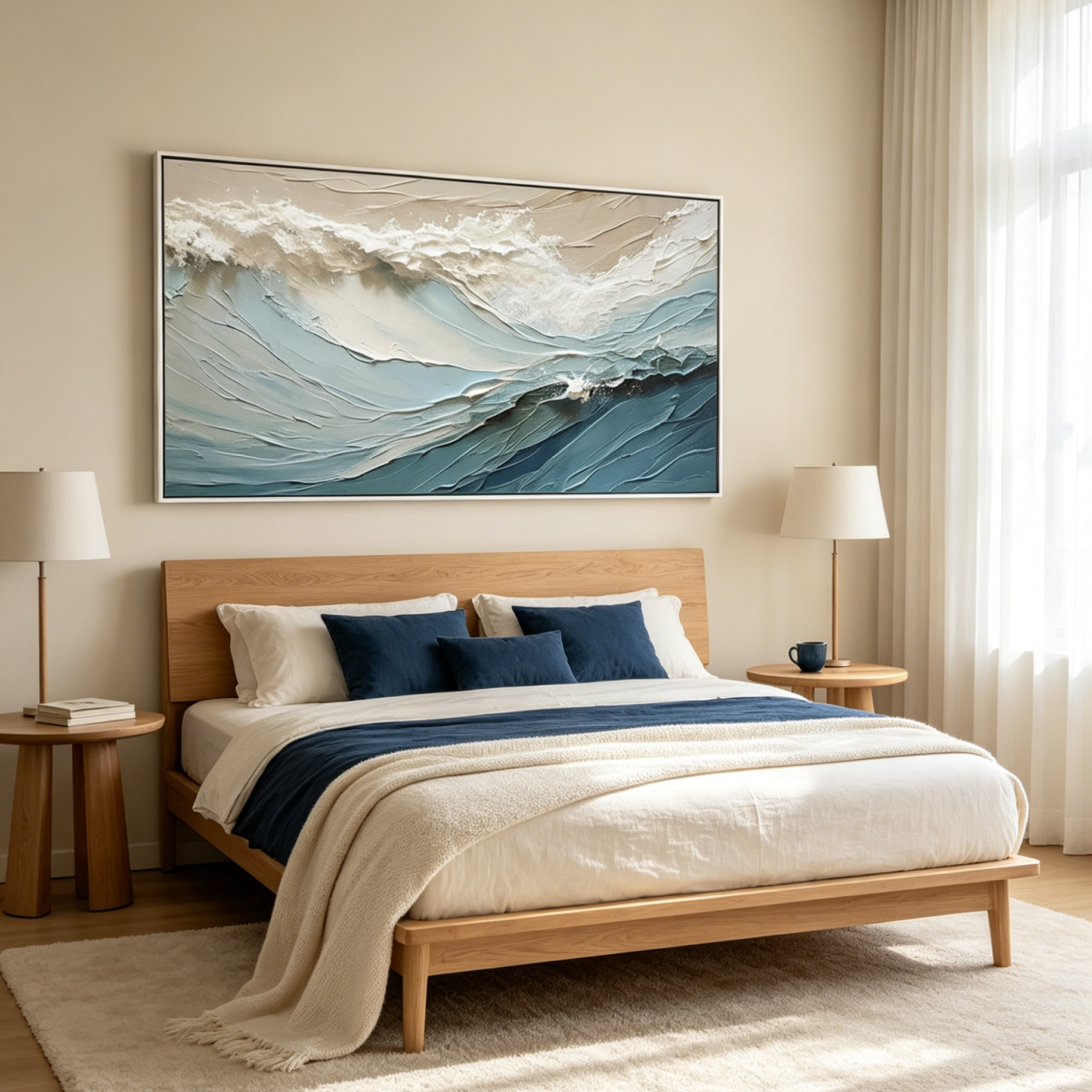 OCEANIC SYMPHONY: Textured Blue White Beige Abstract Wave Canvas