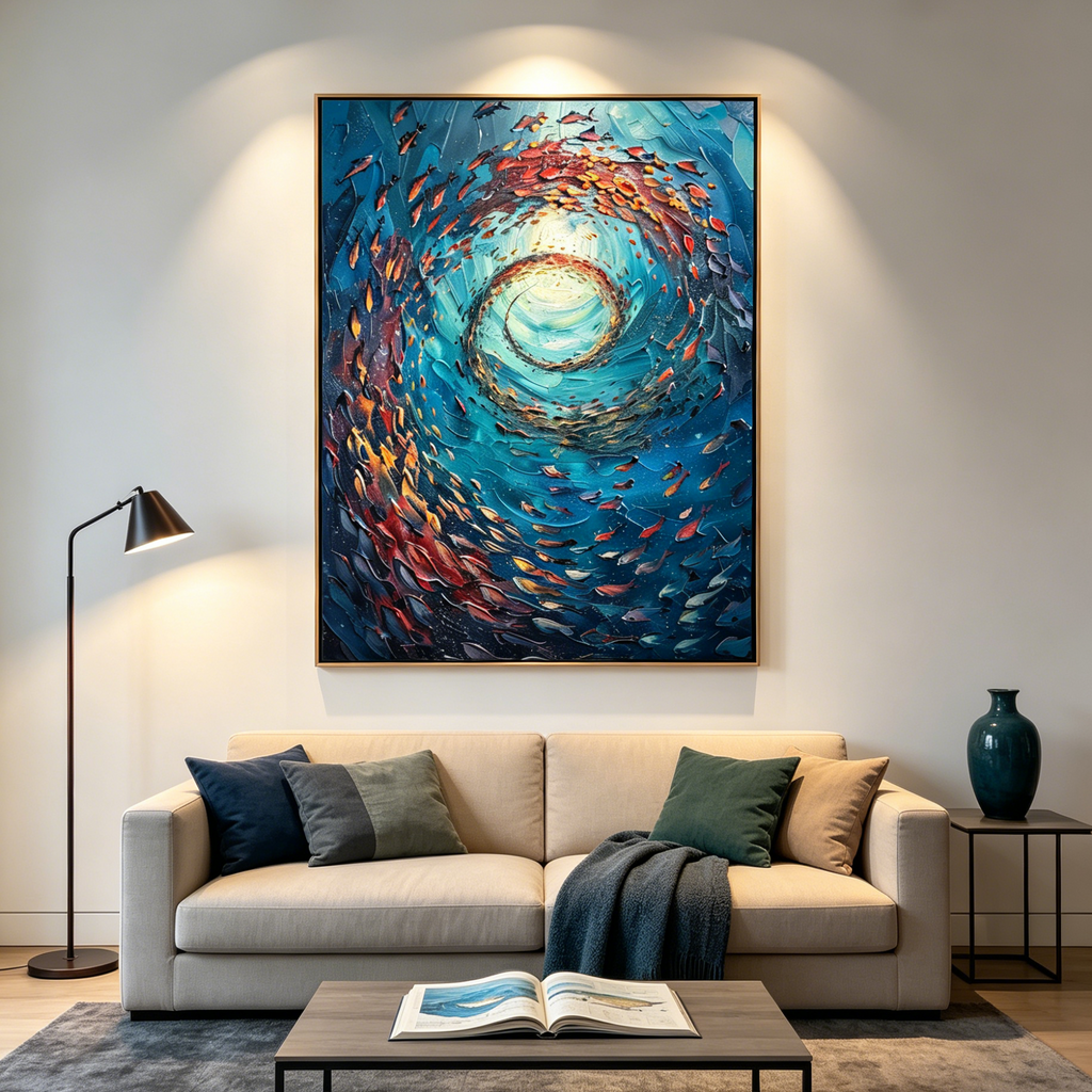 OCEANIC VORTEX: Vertical Impasto School Of Fish Swirling Underwater Canvas