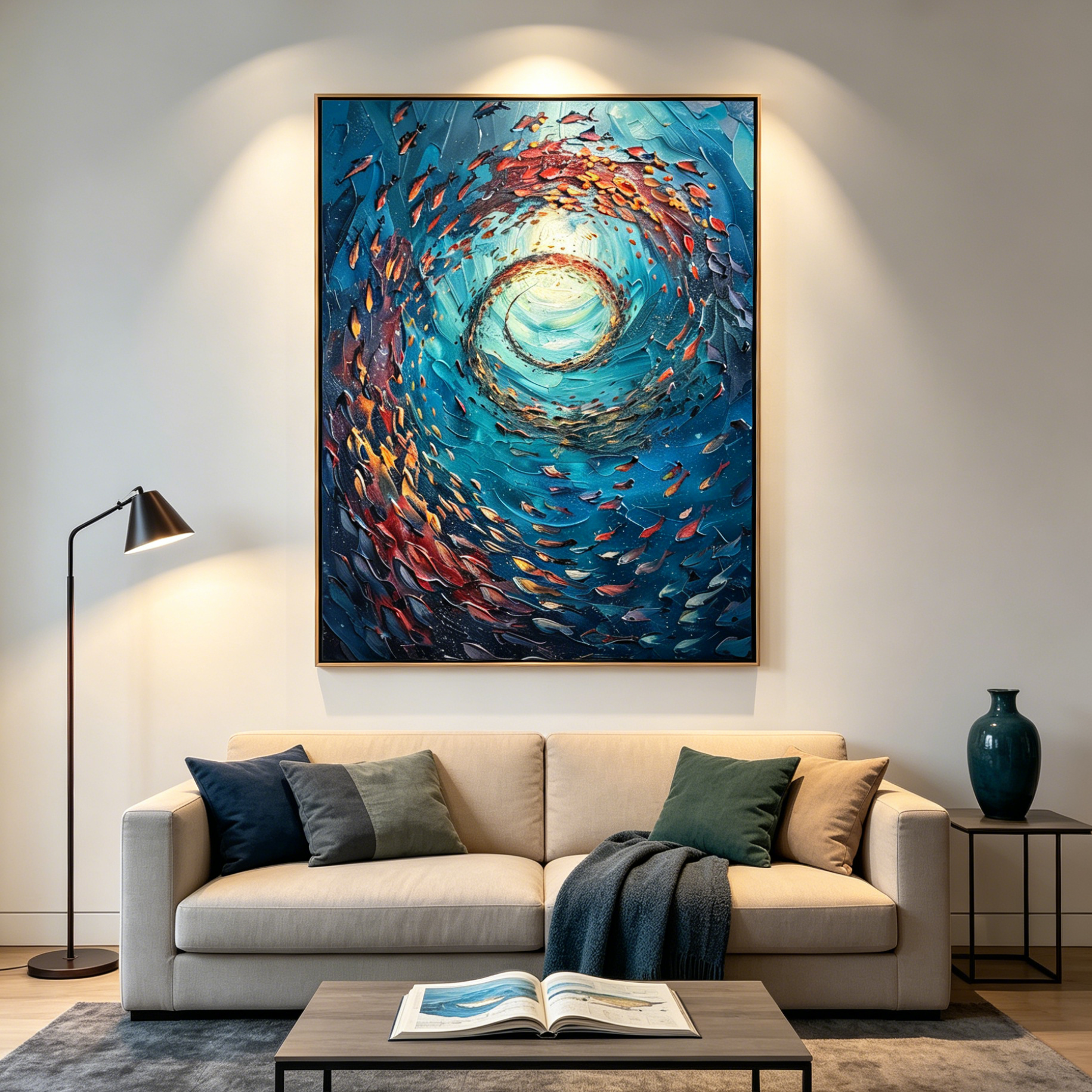 OCEANIC VORTEX: Vertical Impasto School Of Fish Swirling Underwater Canvas