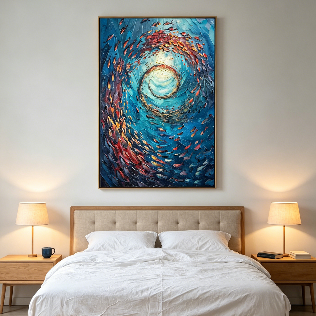 OCEANIC VORTEX: Vertical Impasto School Of Fish Swirling Underwater Canvas