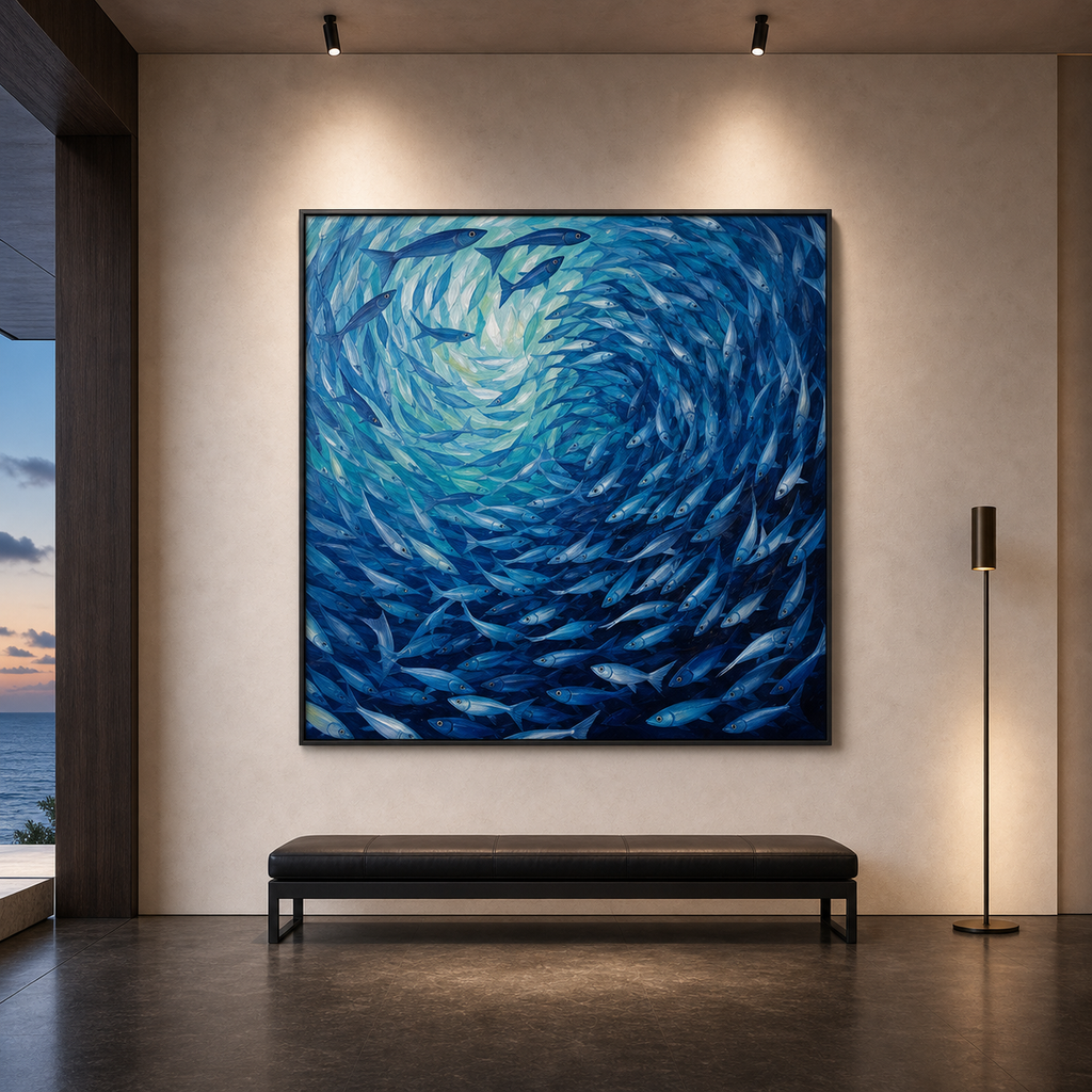 OCEANIC WHIRL: Swirling Fish School Canvas