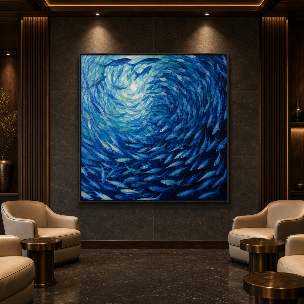 OCEANIC WHIRL: Swirling Fish School Canvas