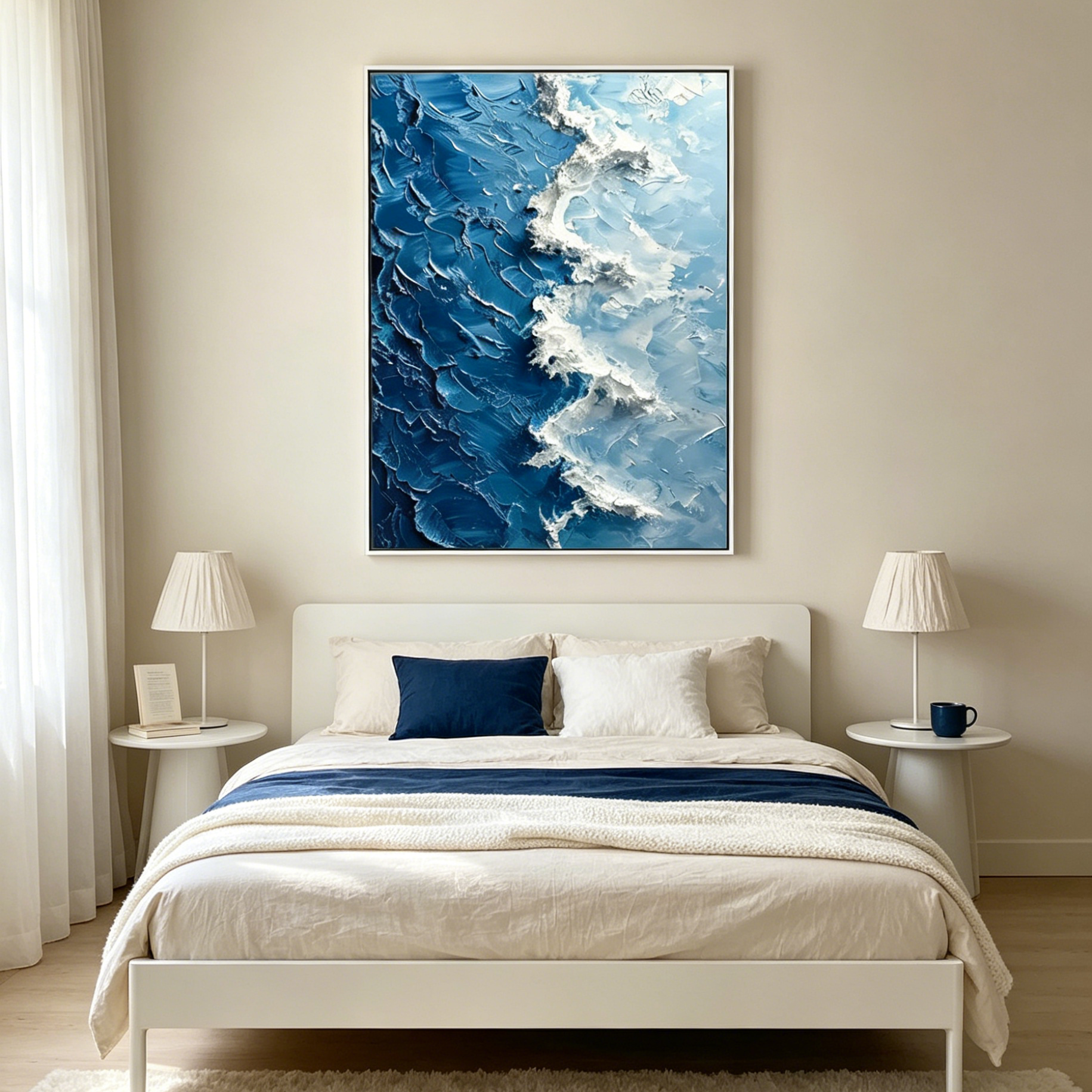 OCEANIC WHISPERS: Impasto Blue White Wave Depth Textured Canvas