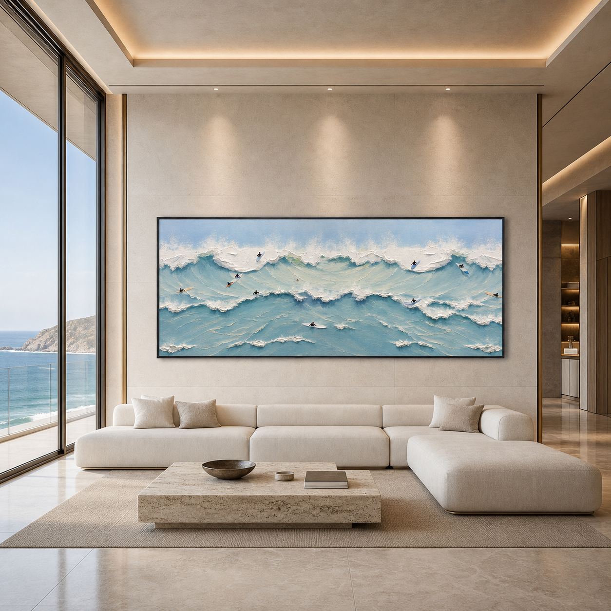 OCEAN’S HEARTBEAT: Surfers Dynamic Waves Textured Canvas