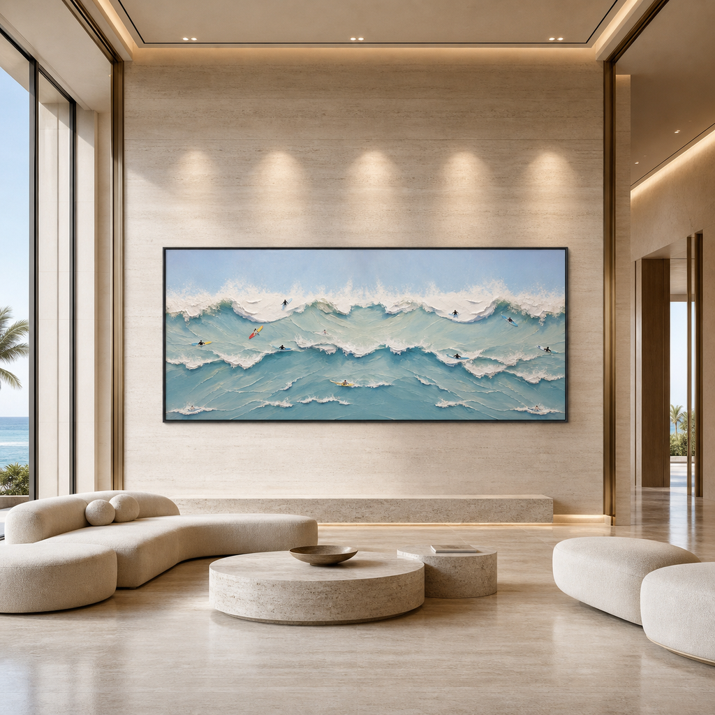 OCEAN’S HEARTBEAT: Surfers Dynamic Waves Textured Canvas