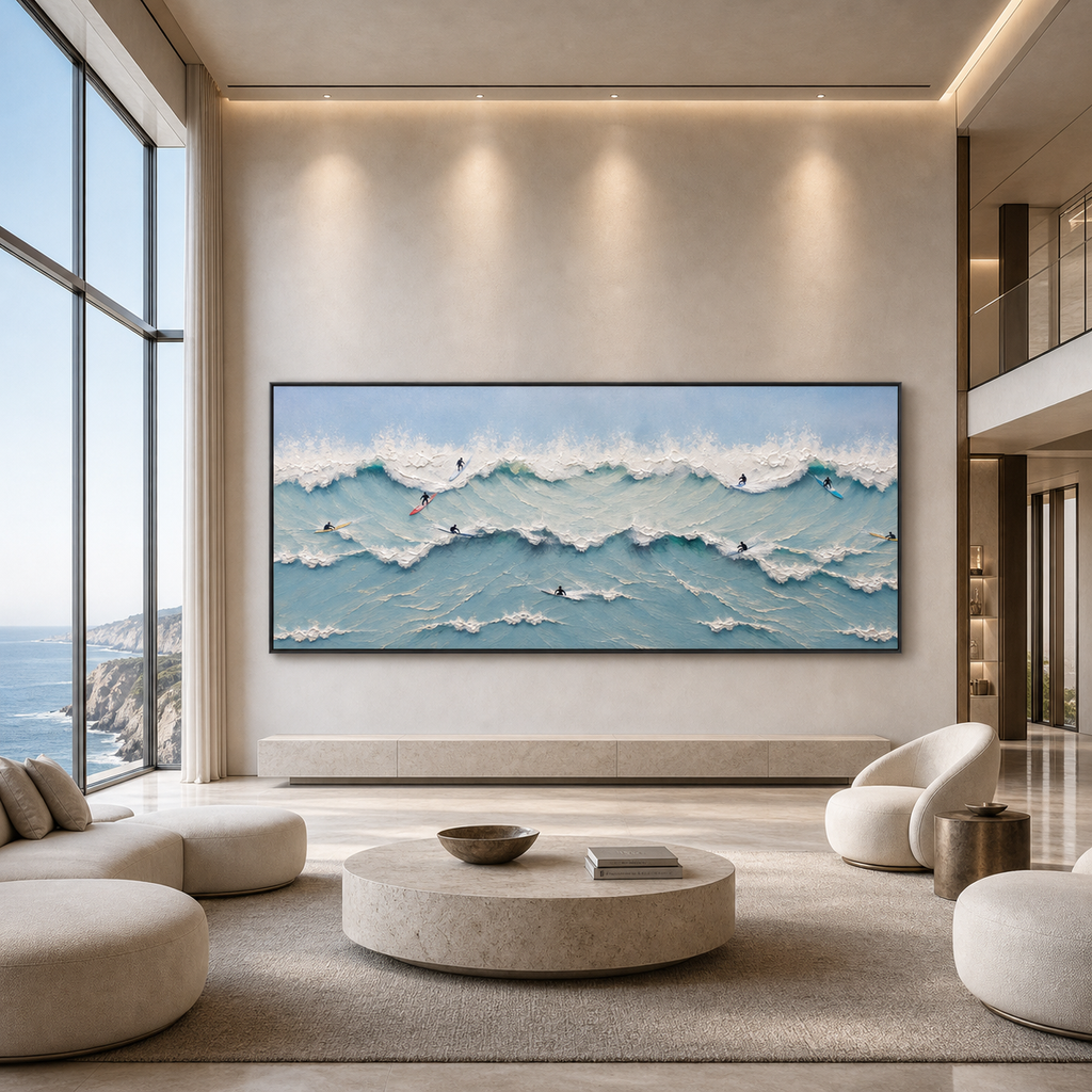 OCEAN’S HEARTBEAT: Surfers Dynamic Waves Textured Canvas