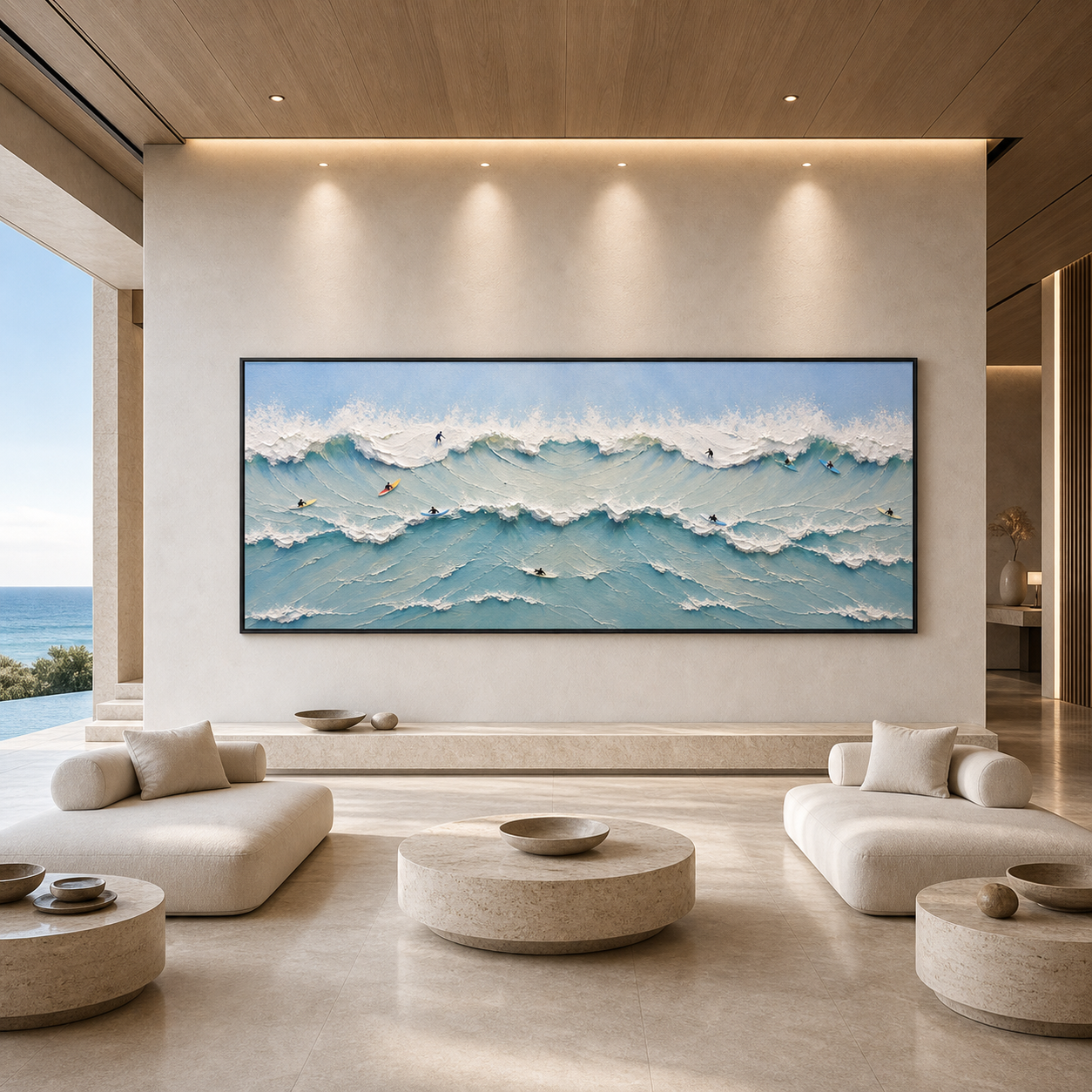 OCEAN’S HEARTBEAT: Surfers Dynamic Waves Textured Canvas