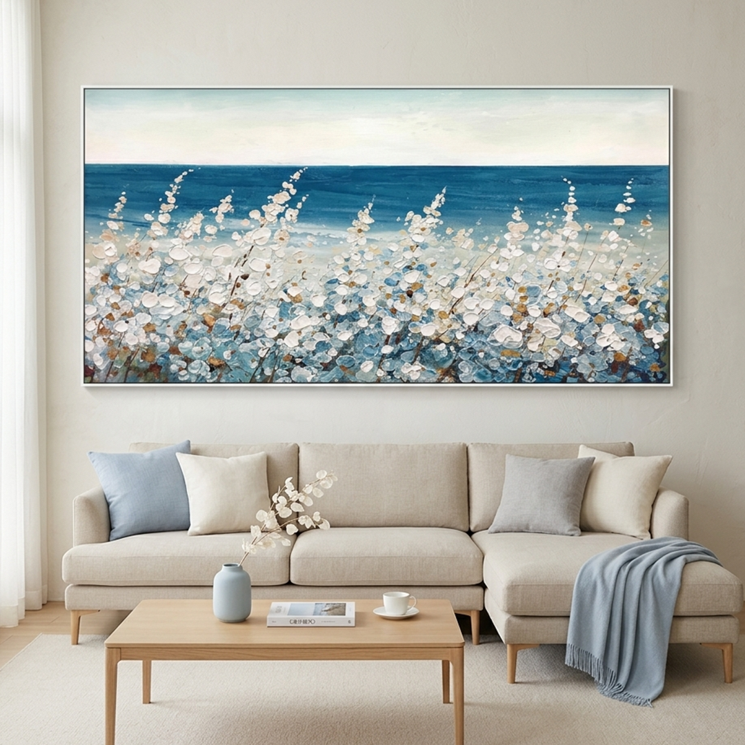 OCEAN BREEZE: Impasto Blue White Coastal Grass Seascape Horizontal Canvas