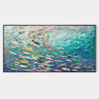 Textured abstract seascape painting "Ocean Currents" by Willow Davies with colorful fish in blue and green waters.