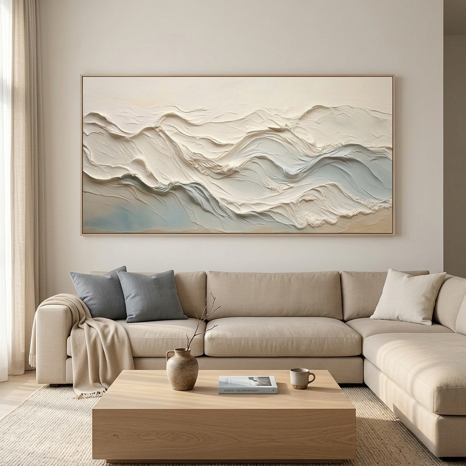 OCEAN ECHOES: Textured Impasto Beige Soft Blue Wave Canvas