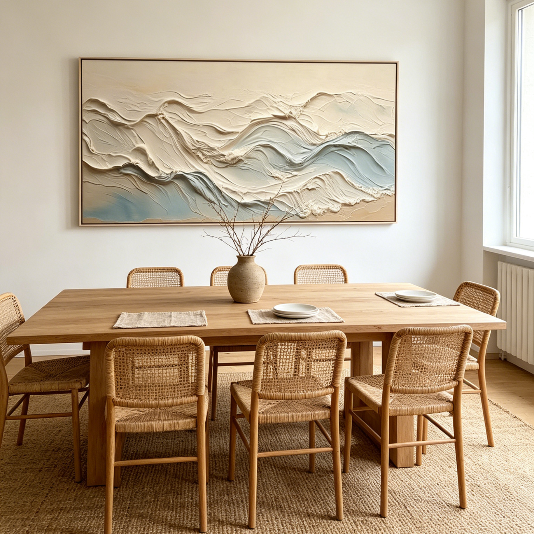 OCEAN ECHOES: Textured Impasto Beige Soft Blue Wave Canvas