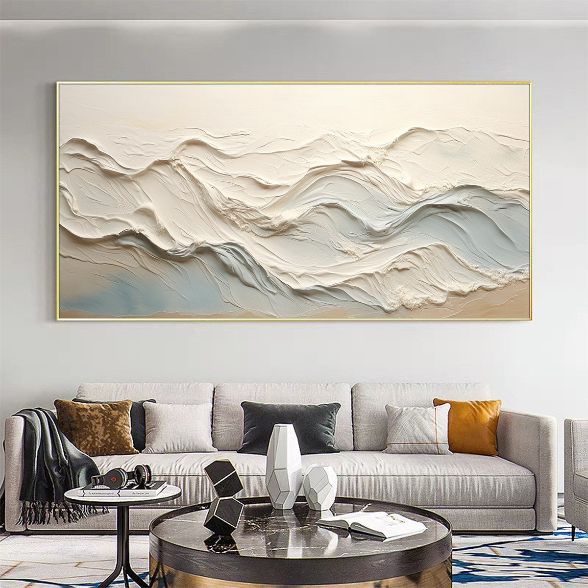 OCEAN ECHOES: Textured Impasto Beige Soft Blue Wave Canvas