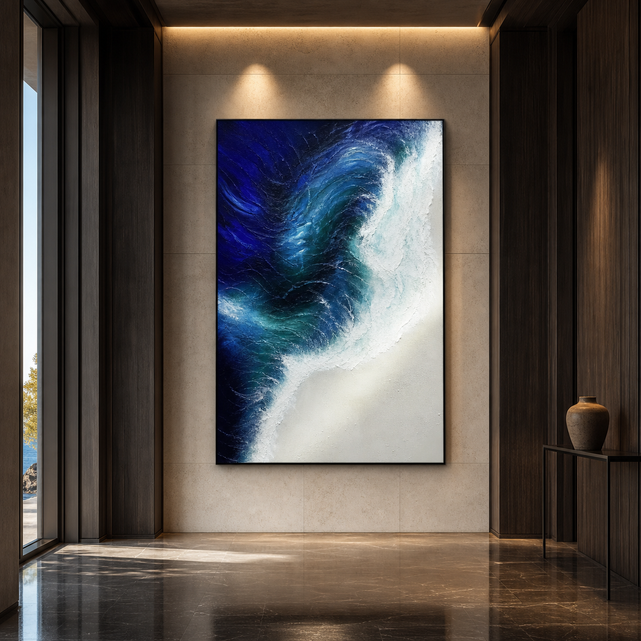 OCEAN’S EMBRACE: Swirling Blue White Vortex Textured Canvas