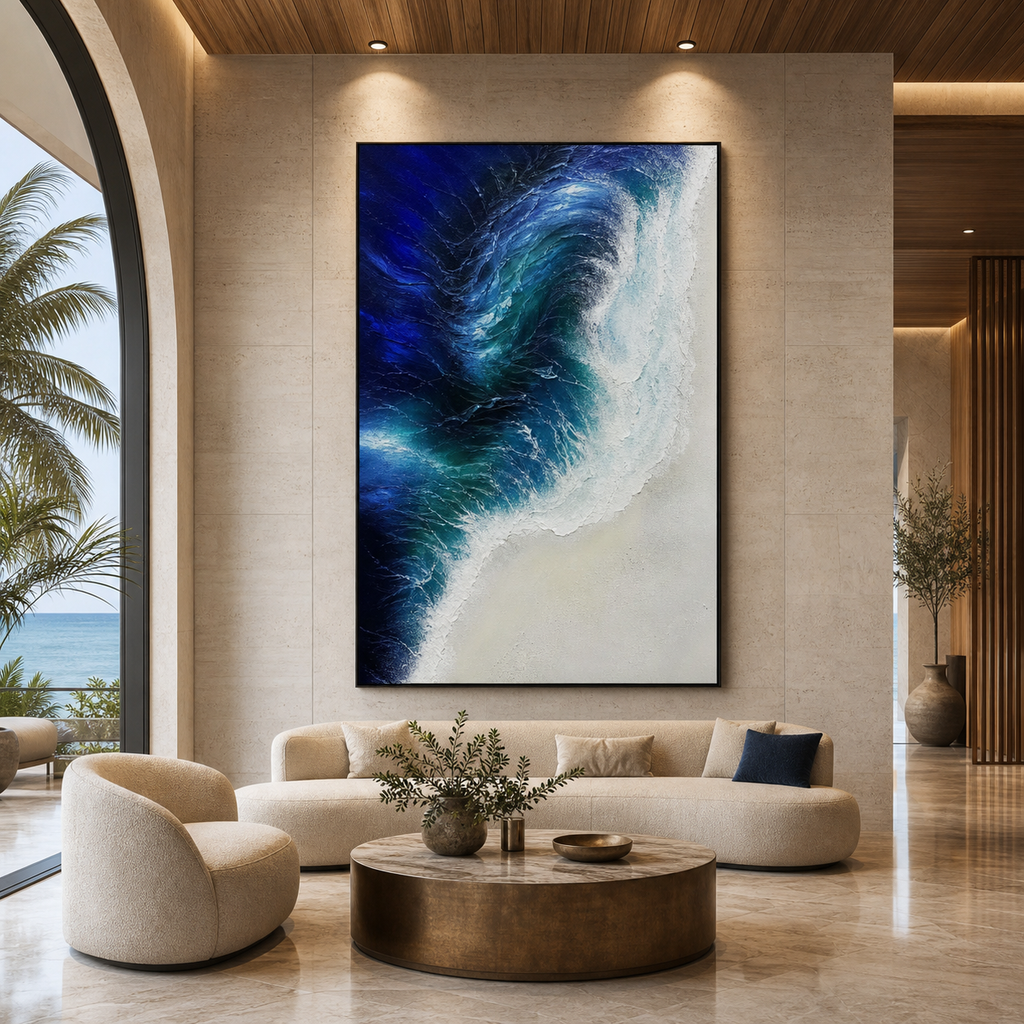 OCEAN’S EMBRACE: Swirling Blue White Vortex Textured Canvas
