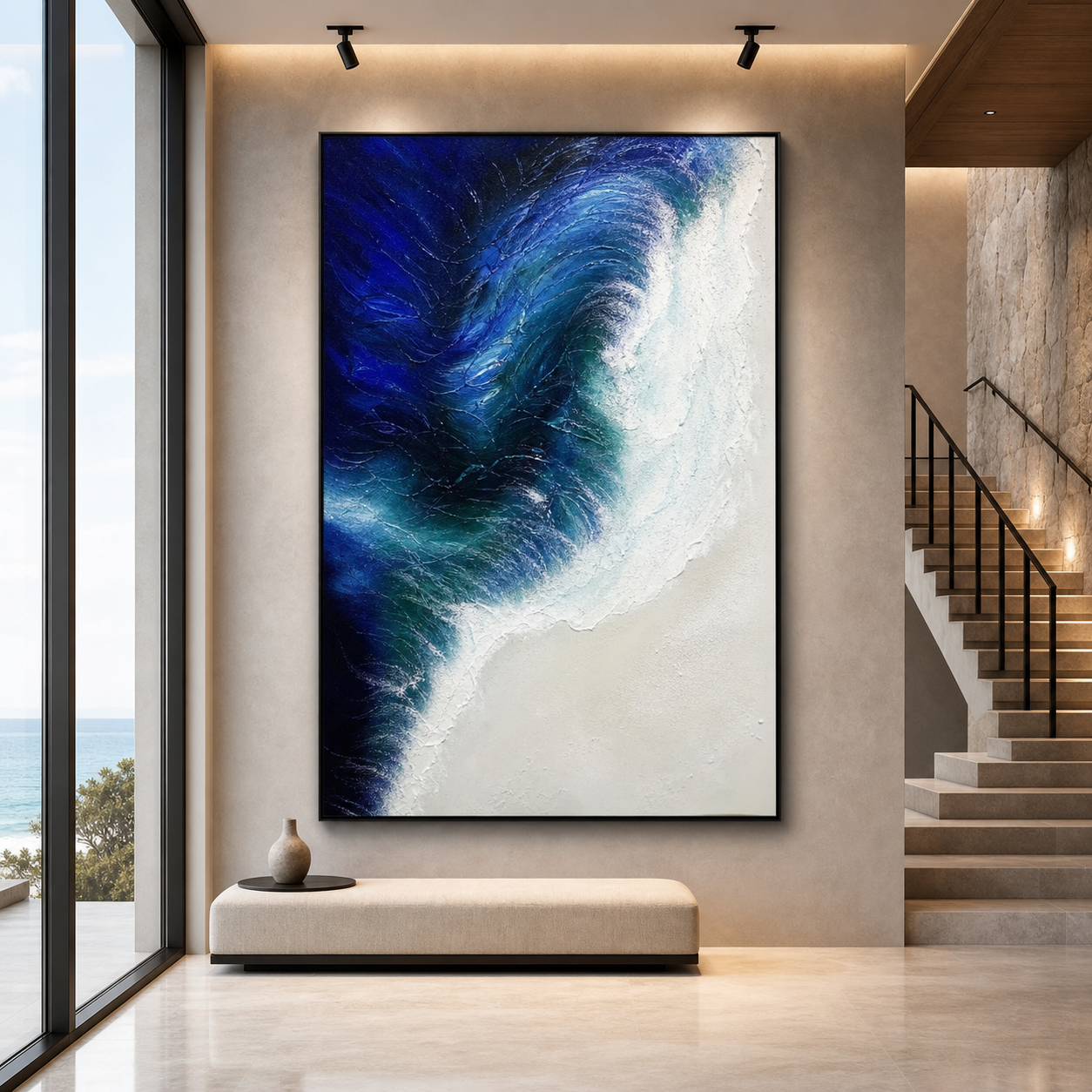 OCEAN’S EMBRACE: Swirling Blue White Vortex Textured Canvas