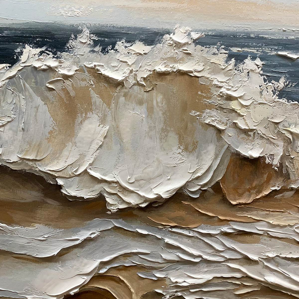 COASTAL CRESCENDO: Waves Sandy Beach Canvas Impasto Canvas