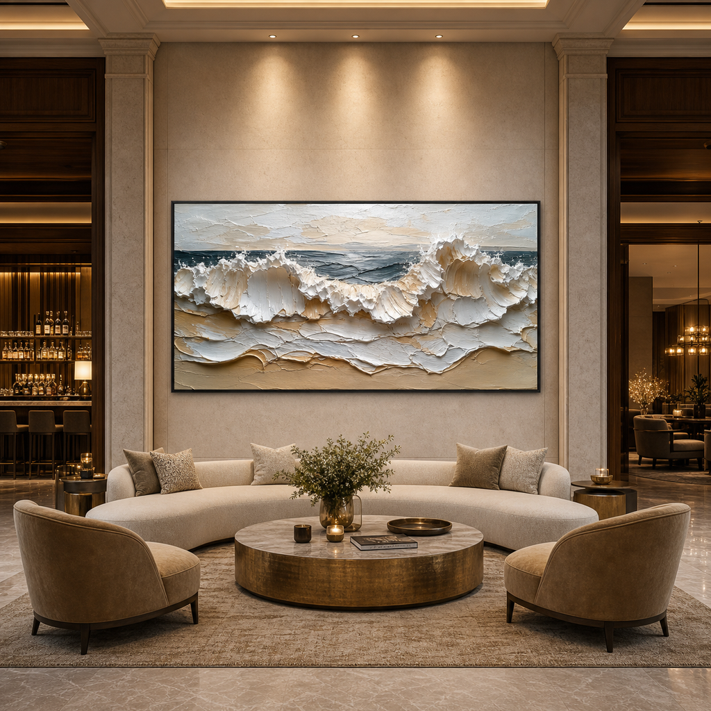 COASTAL CRESCENDO: Waves Sandy Beach Canvas Impasto Canvas