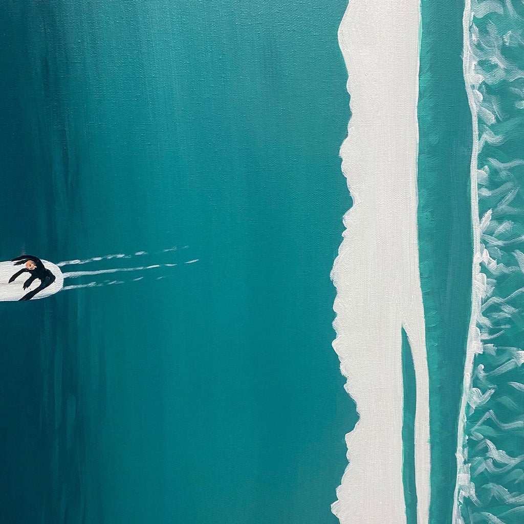 OCEAN'S THREE: Minimalist Aerial Surfing Scene Oil Painting