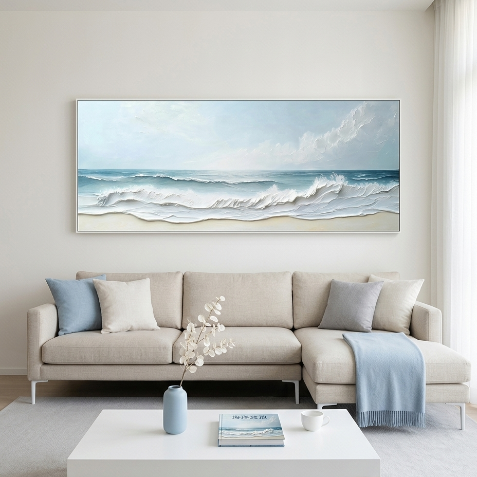 OCEAN WAVES PANORAMIC: Soft Blue Waves Minimalist Texture Canvas