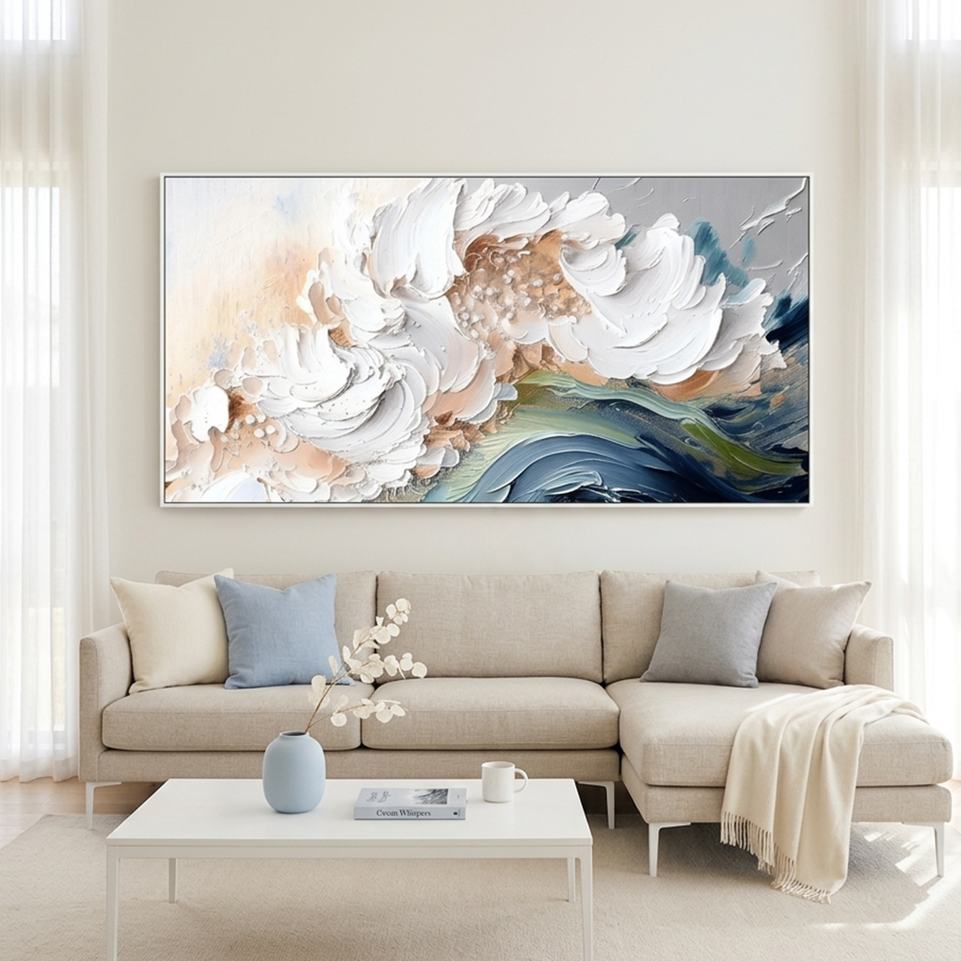 OCEAN WHISPERS: Textured Soft White Cream Blue Waves Seascape Canvas