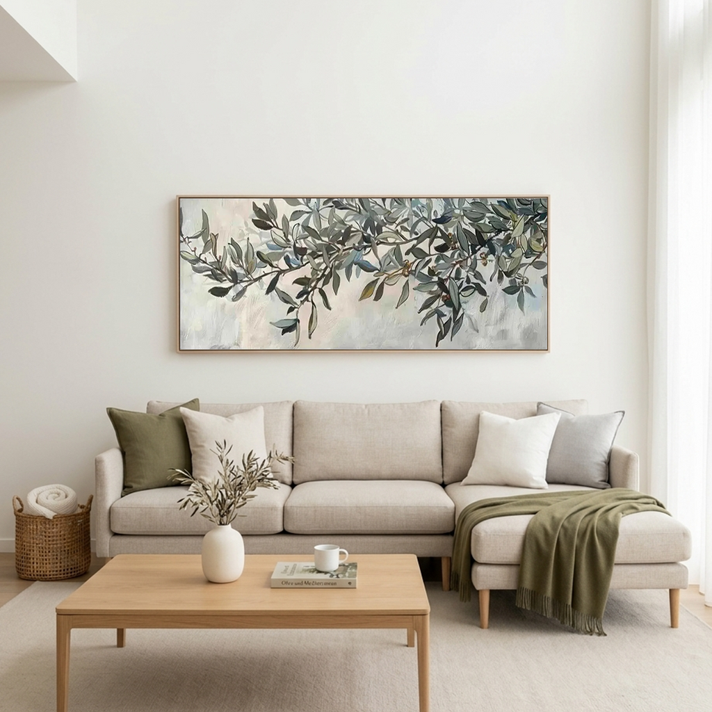 OLIVE BRANCH PANORAMIC: Soft Grey Green Olive Leaf Minimalist Canvas