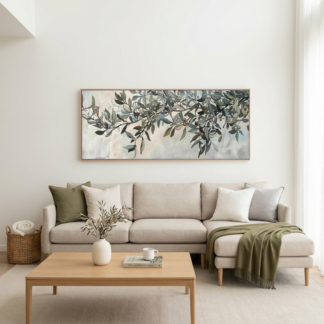 OLIVE BRANCH PANORAMIC: Soft Grey Green Olive Leaf Minimalist Canvas