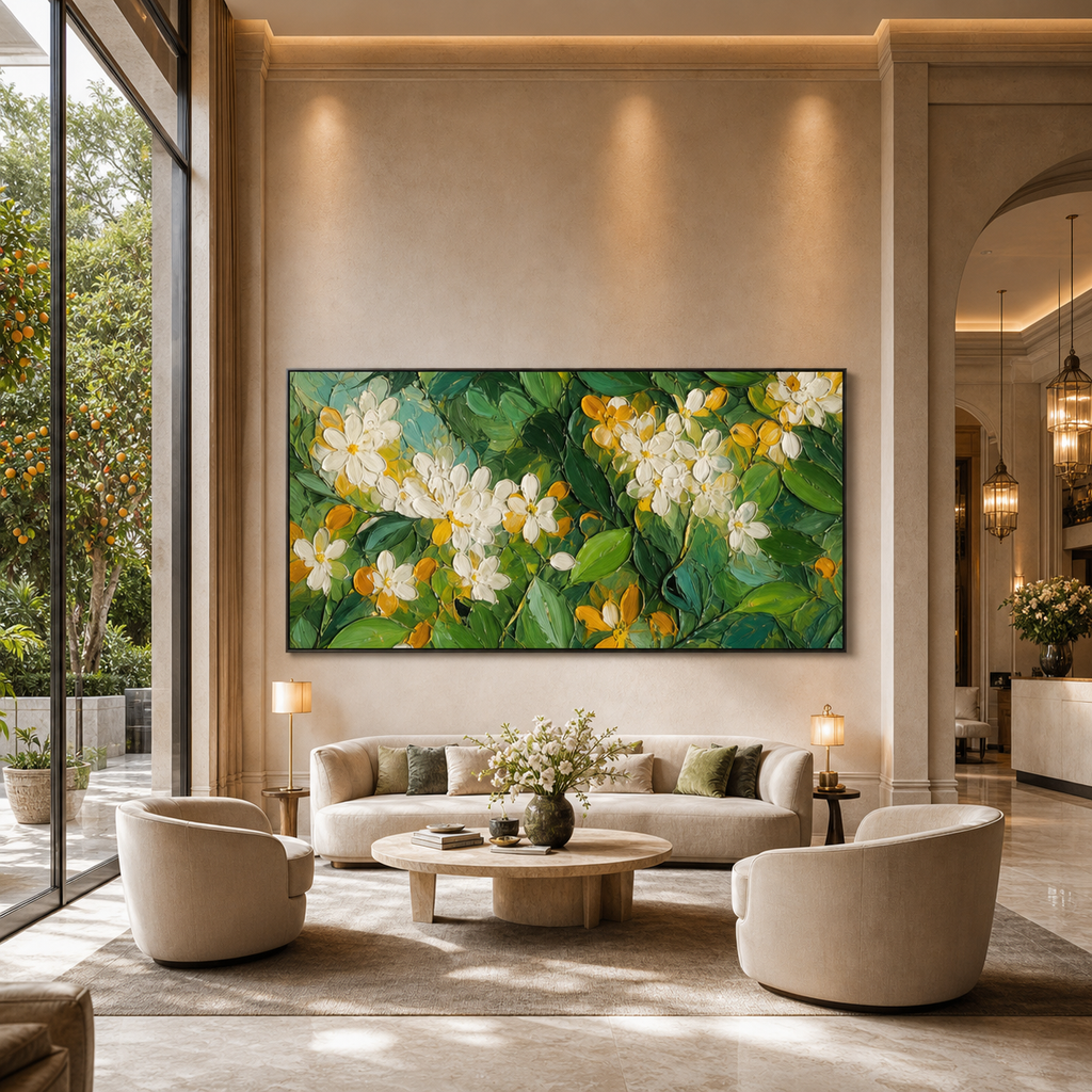 ORANGE BLOSSOM: White Blossoms Impasto Impressionist Canvas