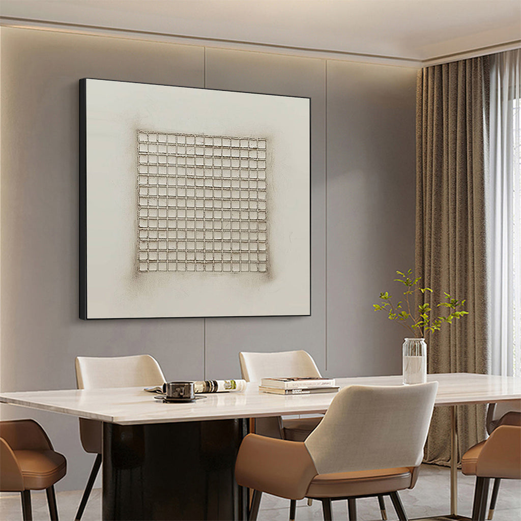 ORDERED CHAOS: Textured Beige White Grid Minimalist Oil Painting