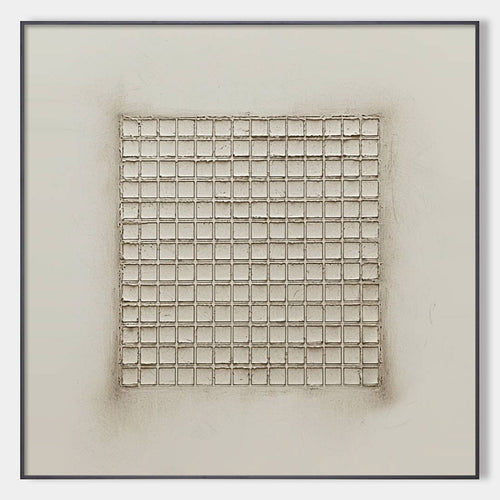 Ordered Chaos: Original Minimalist Grid Oil Painting - Textured Beige White Wall Art