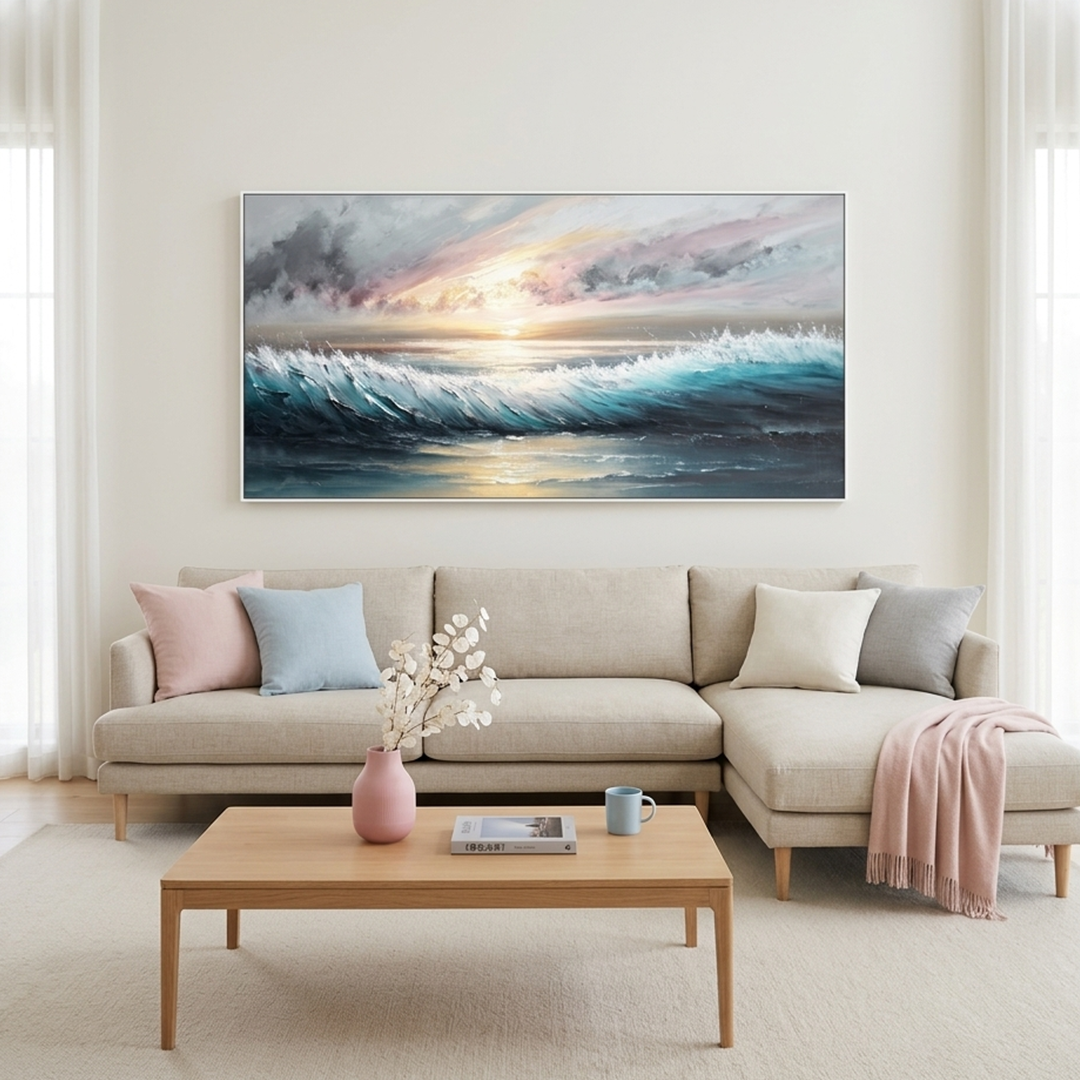 DUSK TIDE: Blue Grey Pink Sunset Ocean Waves Seascape Oil Painting