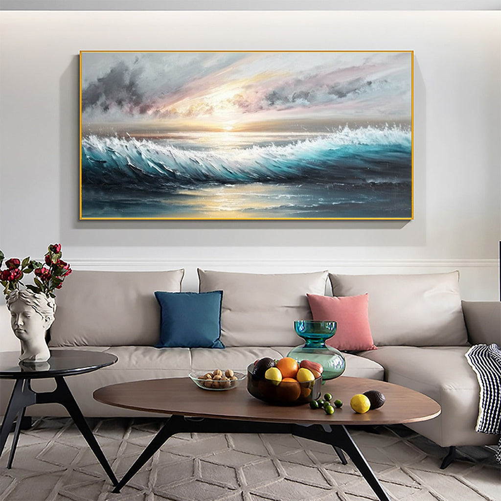 DUSK TIDE: Blue Grey Pink Sunset Ocean Waves Seascape Oil Painting