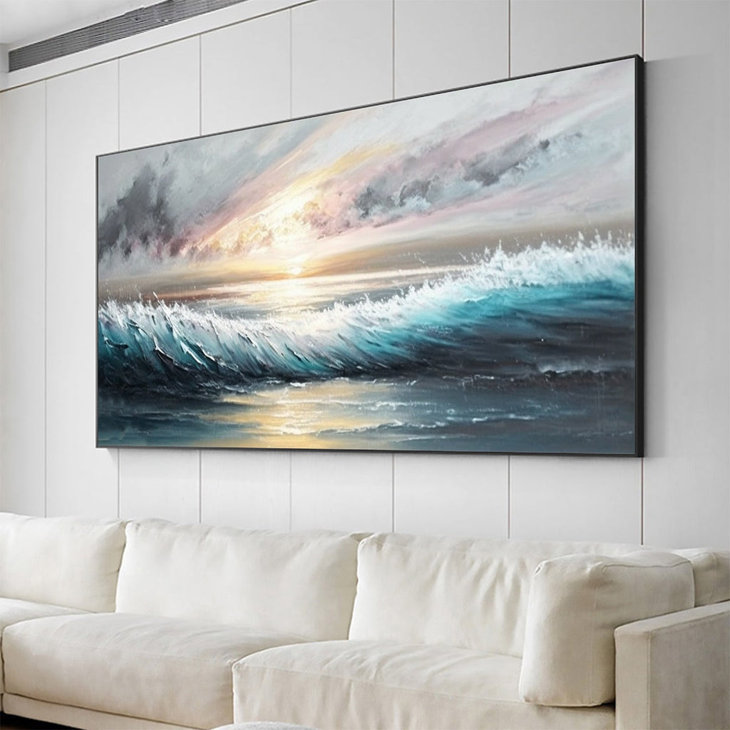 DUSK TIDE: Blue Grey Pink Sunset Ocean Waves Seascape Oil Painting
