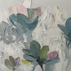 Close-up of Pastel Dream painting, showcasing thick impasto brushstrokes forming textured teal and pink flowers on canvas.