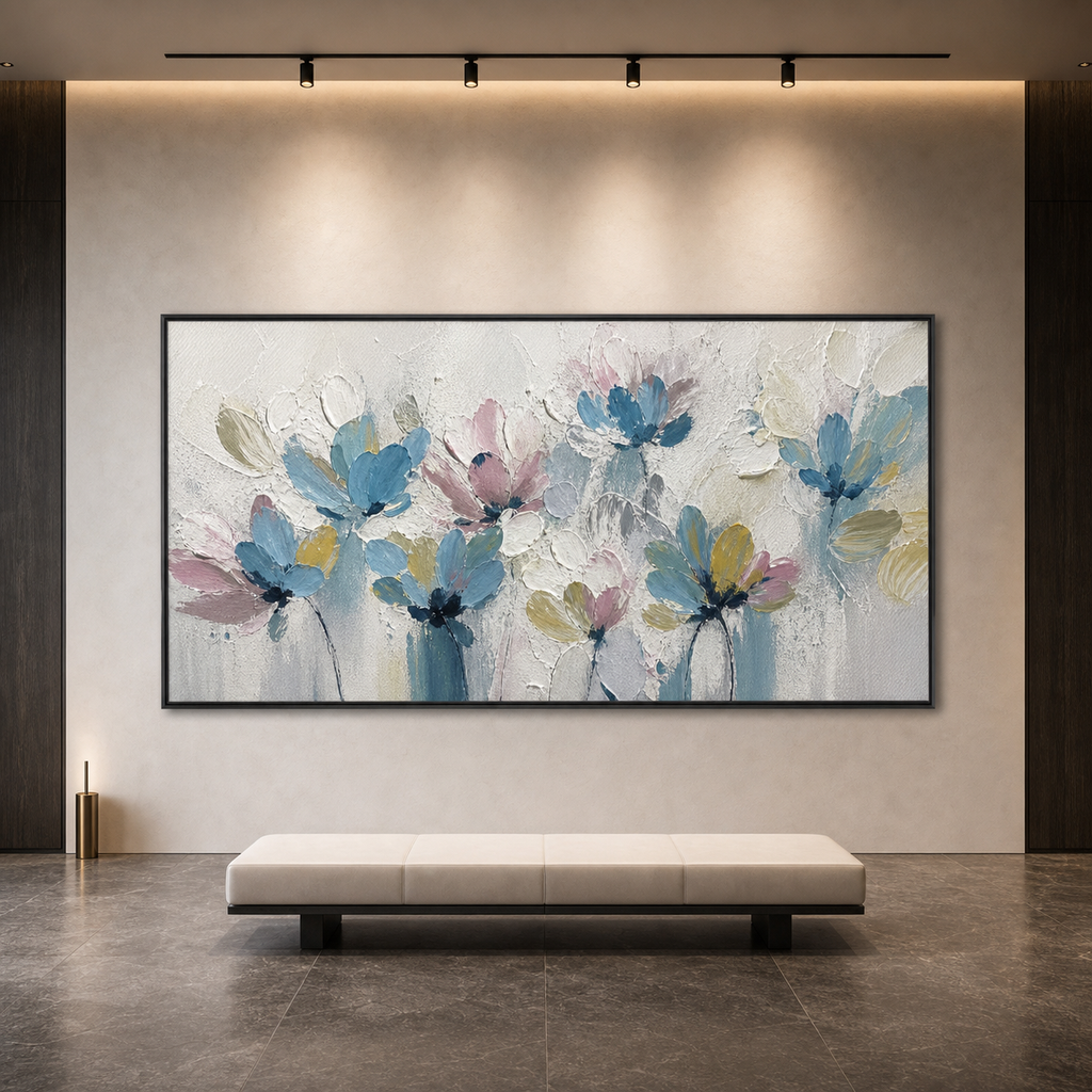 PASTEL DREAM: Soft Pastel Pink Purple Flowers Panoramic Impressionist Canvas