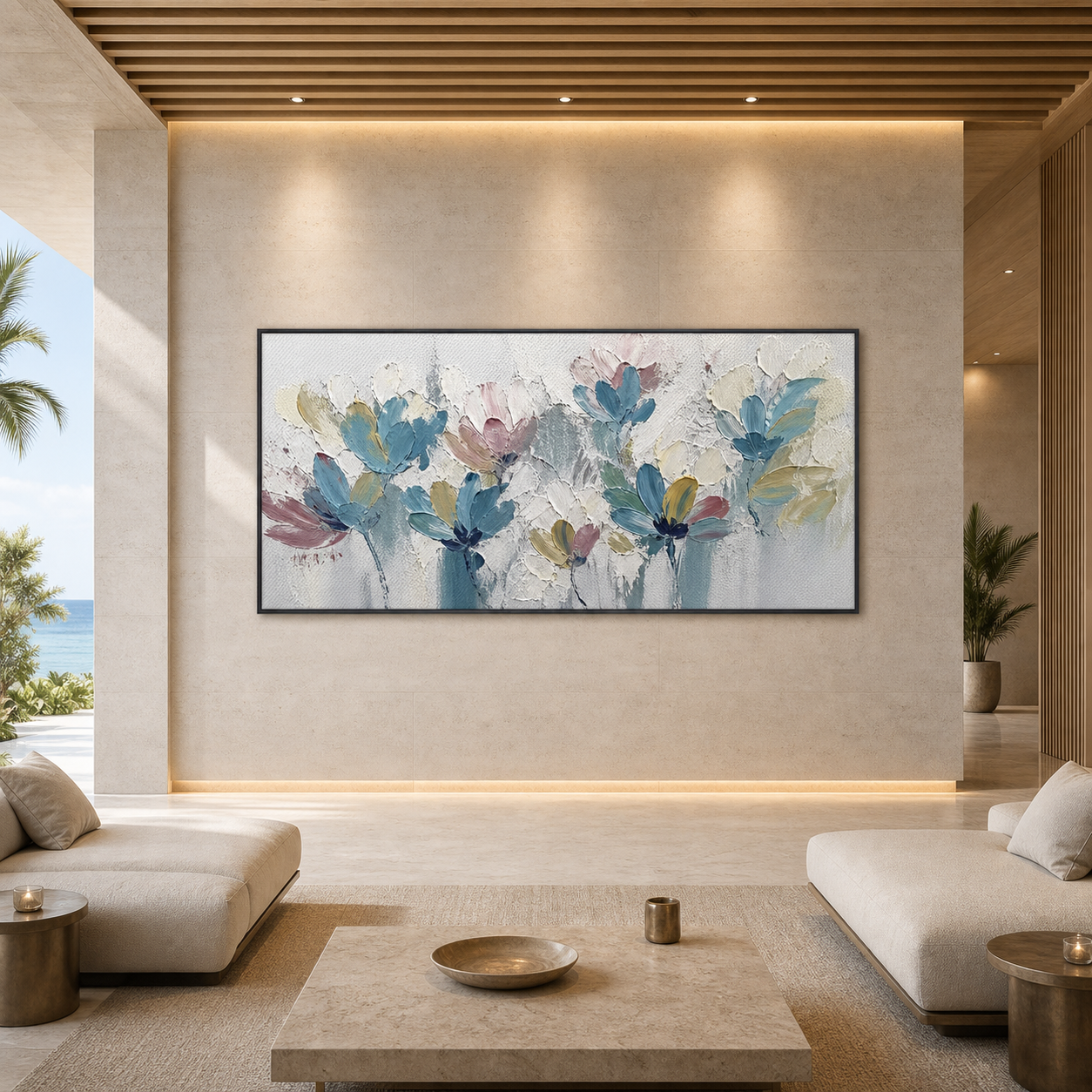 PASTEL DREAM: Soft Pastel Pink Purple Flowers Panoramic Impressionist Canvas